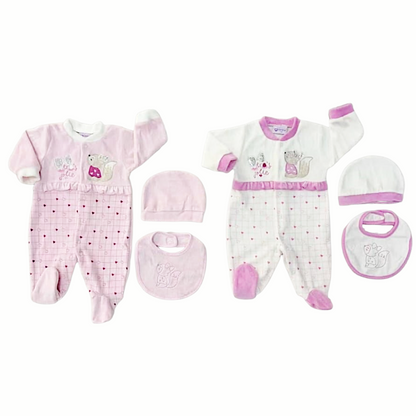 Tutina Neonata Ciniglia Con Bavaglino e Cuffietta